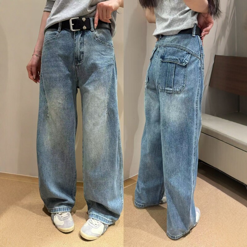 欧洲站2026早春新款欧货时尚立体剪裁浅蓝色休闲牛仔阔腿裤长裤女