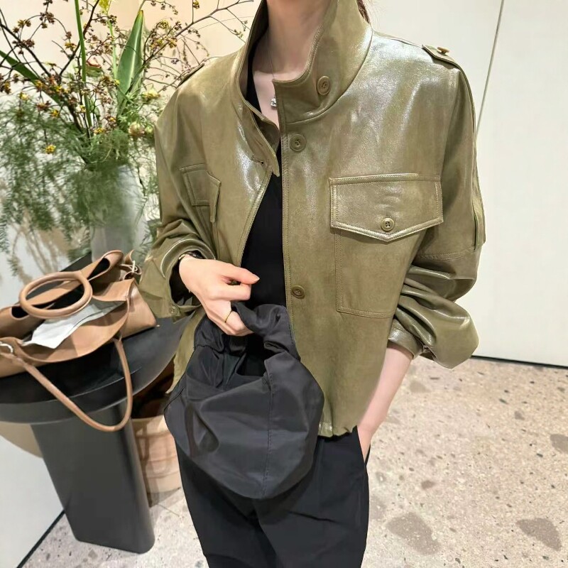 欧洲站2026春季新款欧货高级感双口袋宽松立领进口pu皮衣短外套潮