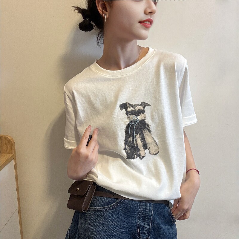 欧洲站2026春季新款欧货时尚卡通小狗印花宽松显瘦短袖T恤上衣女