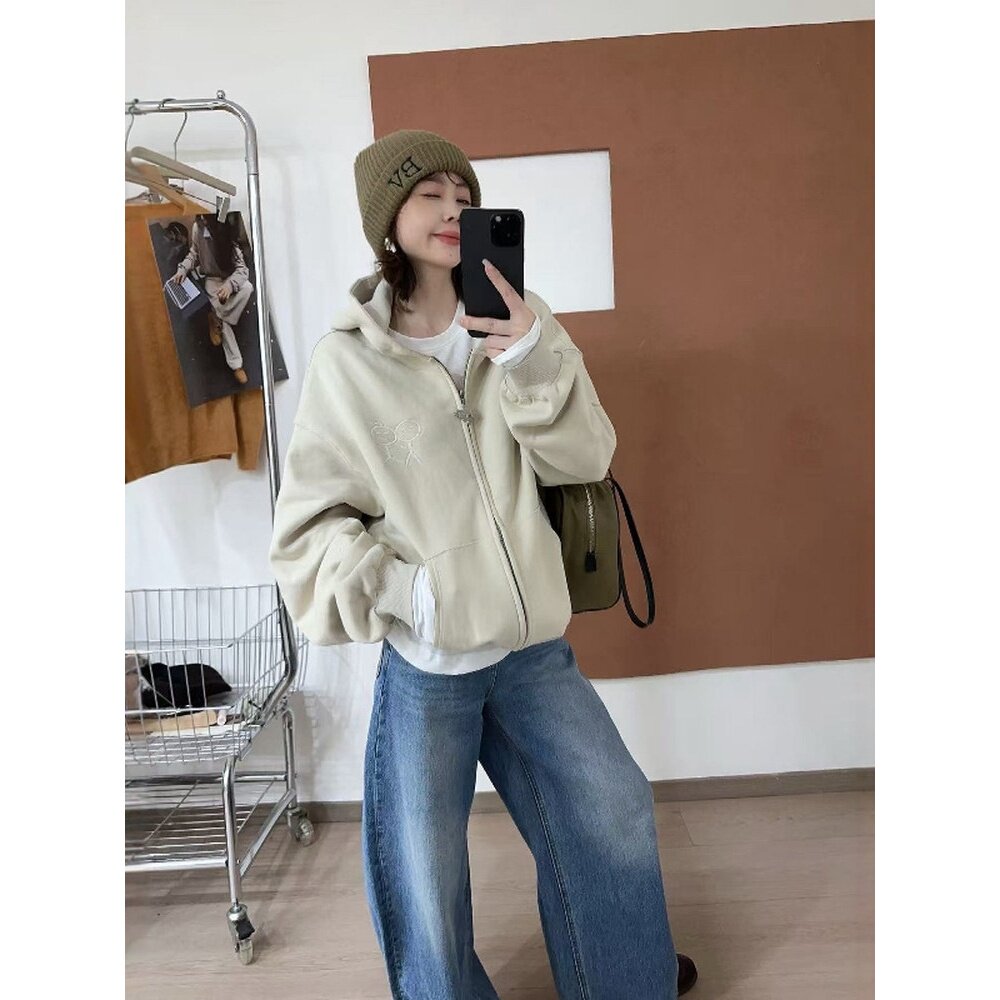 欧洲站2025秋季新款欧货时尚火柴人刺绣连帽宽松休闲卫衣外套女潮