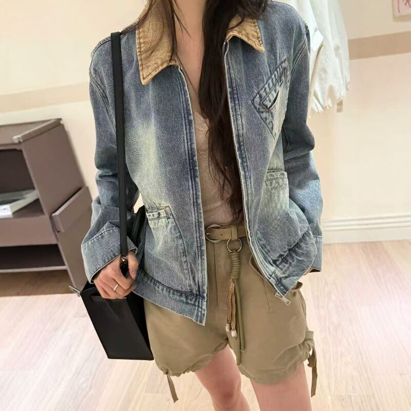 欧洲站2026春季新款欧货时尚撞色翻领休闲水洗做旧拉链牛仔外套潮