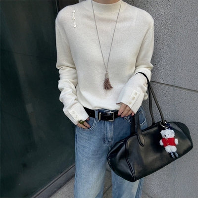 欧洲站2025冬季新款欧货设计感纽扣半高领洋气全羊毛针织打底衫女