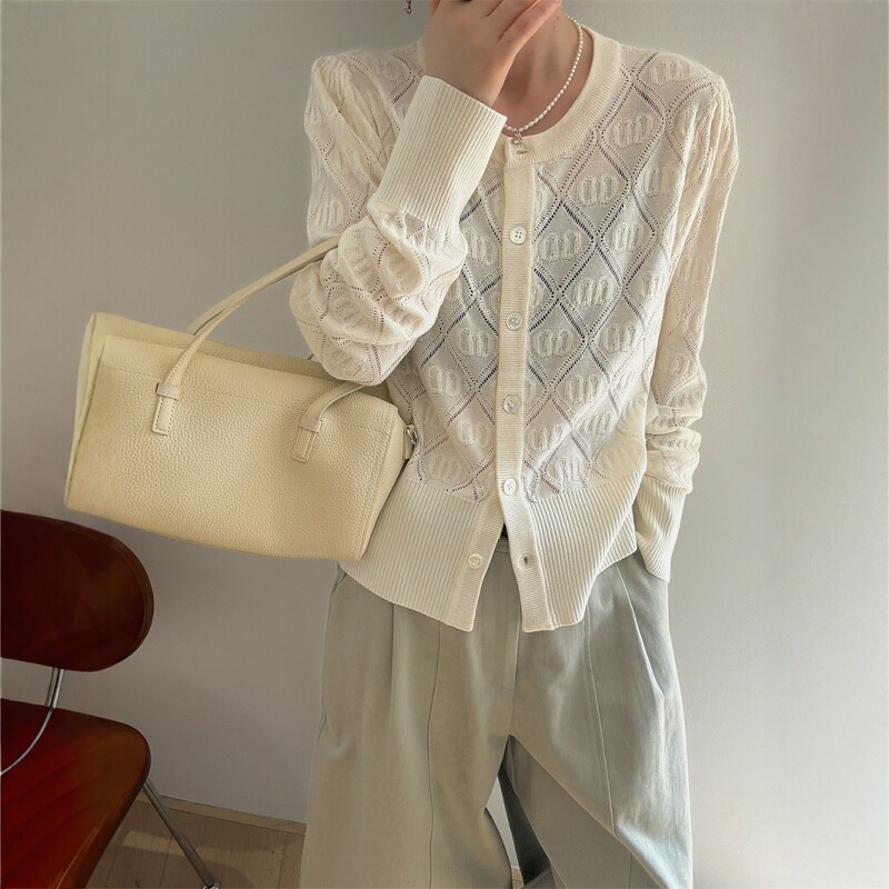 欧洲站2026春季新款欧货洋气镂空菱形格百搭羊毛针织开衫上衣女