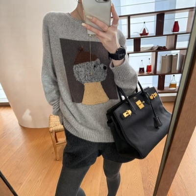 欧洲站2025冬季新款欧货时尚卡通小狗宽松套头软糯羊毛针织衫毛衣