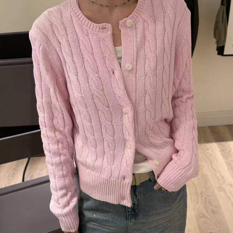 欧洲站2026春季新款欧货慵懒风单排扣坑条麻花长袖亚麻针织开衫女