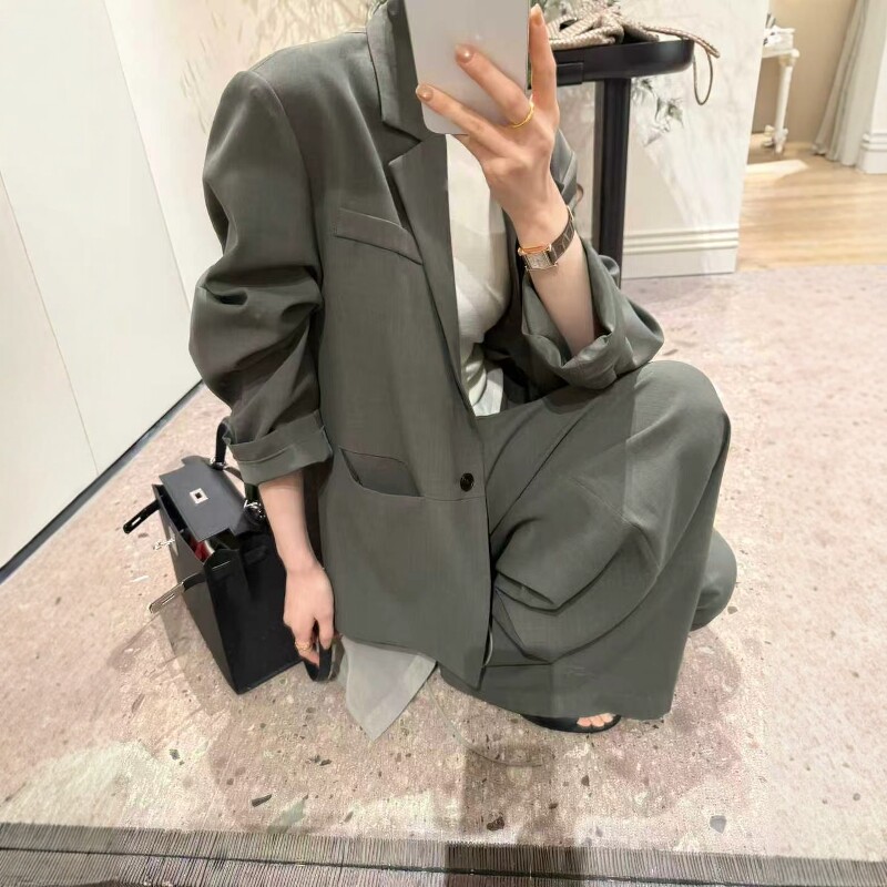 欧洲站2026春季新款欧货设计感高级灰拼欧根纱休闲西装两件套套装