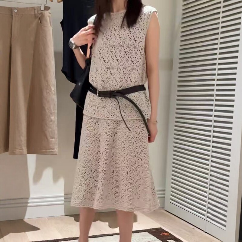 欧洲站2026春季新款欧货无袖编织钩花针织背心+半裙两件套套装女