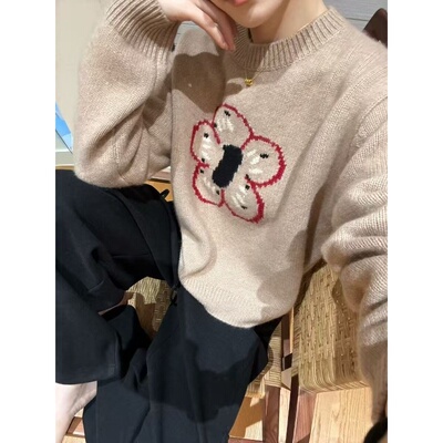 100%山羊绒针织衫女欧洲站2026冬季时尚宽松刺绣花朵图案圆领毛衣