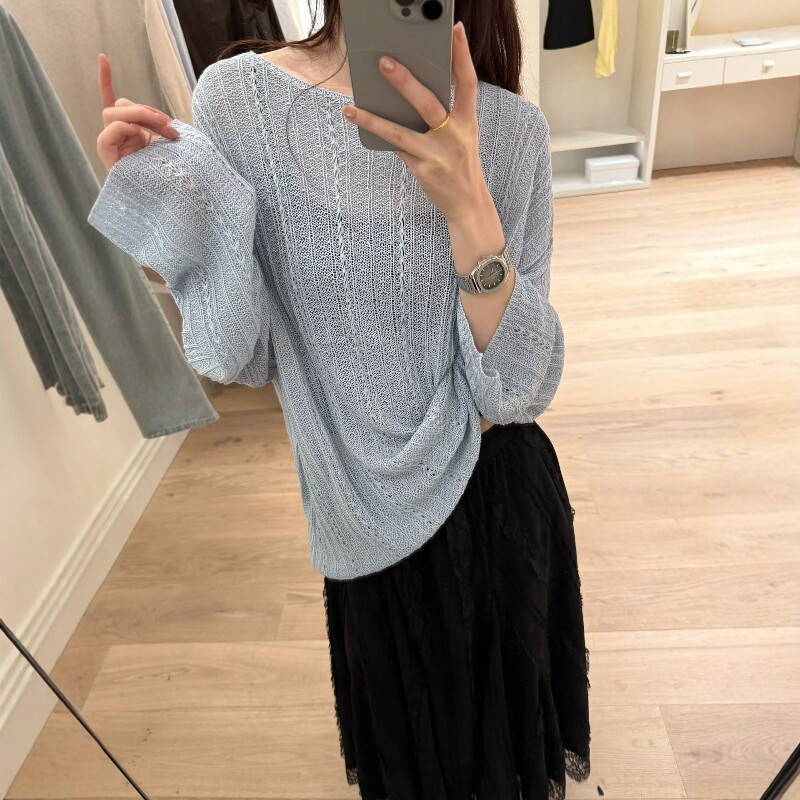 欧洲站2026早春新款欧货纯色镂空宽松百搭细羊毛亚麻长袖针织衫女
