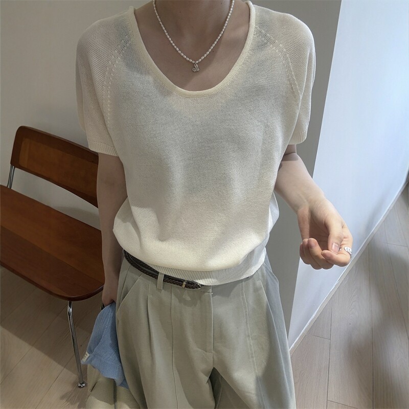 欧洲站2026早春新款欧货时尚低圆领宽松套头短袖亚麻针织衫打底衫