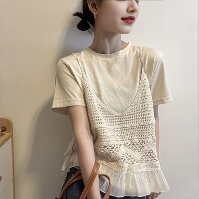 欧洲站2026夏季新欧货时尚减龄拼网纱镂空吊带背心短袖T恤两件套