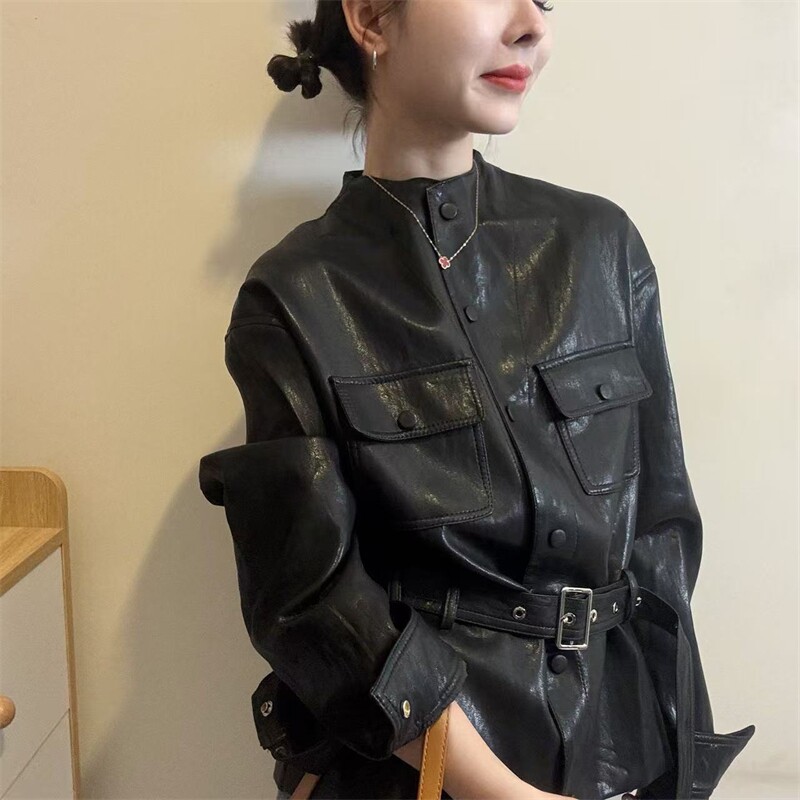 欧洲站2026早春新款欧货时尚收腰显瘦气质无领蛋白pu皮衣外套潮女