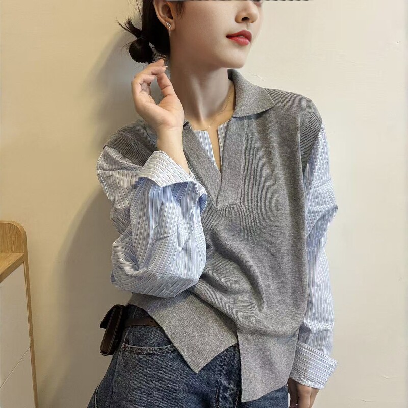 欧洲站2026春季新款欧货老钱风拼条纹衬衫翻领假两件针织衫上衣女