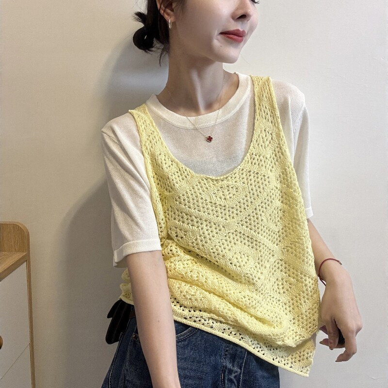 欧洲站2026春季新款欧货镂空针织背心马甲叠穿百搭短袖T恤两件套