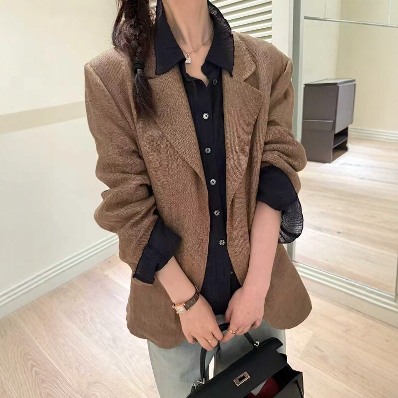 欧洲站2026春季新款欧货高品质100亚麻无扣休闲气质西装外套上衣