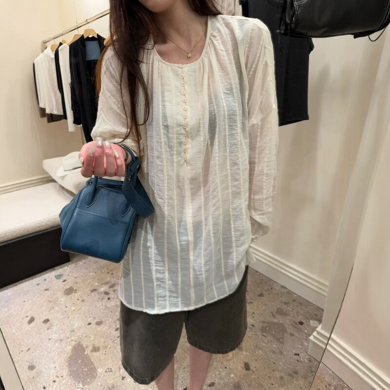欧洲站2026春季新款欧货简约慵懒风条纹宽松休闲半开扣衬衫上衣女