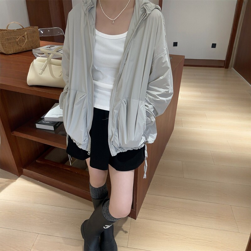 欧洲站2026春季新款欧货下摆抽绳褶皱连帽宽松休闲防晒衣薄外套女