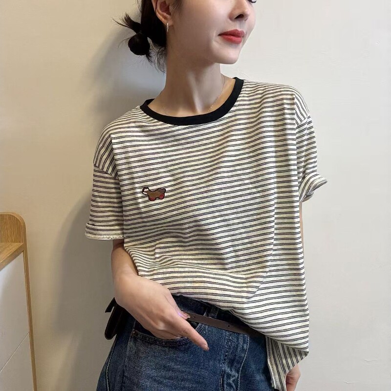 欧洲站2026春季新款欧货时尚条纹卡通图案宽松百搭显瘦短袖T恤女