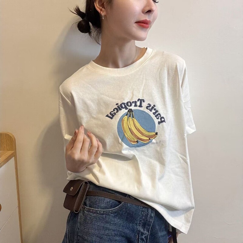欧洲站2026春季新款欧货时尚简约卡通香蕉图案宽松短袖T恤上衣女