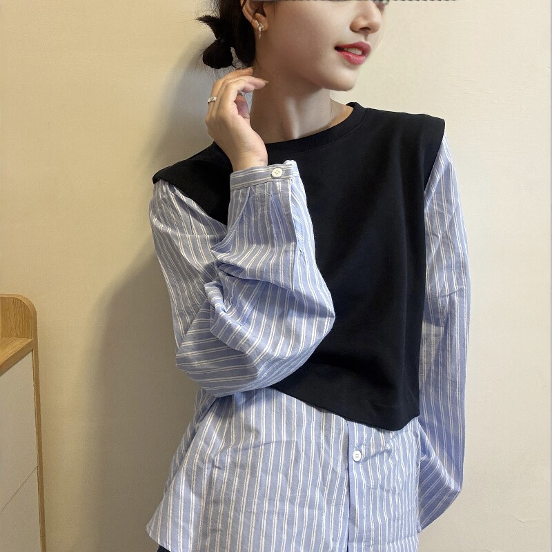 欧洲站2026春季新款欧货设计感条纹拼接假两件休闲气质长袖衬衫女