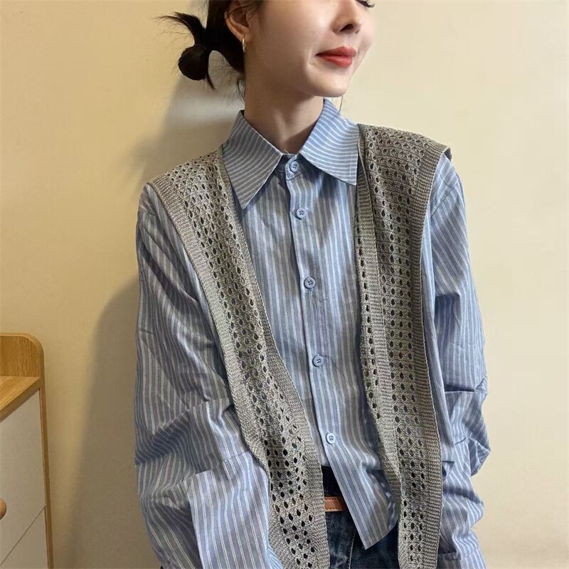 欧洲站2026春季新款欧货韩系配针织披肩宽松两件套条纹长袖衬衫女