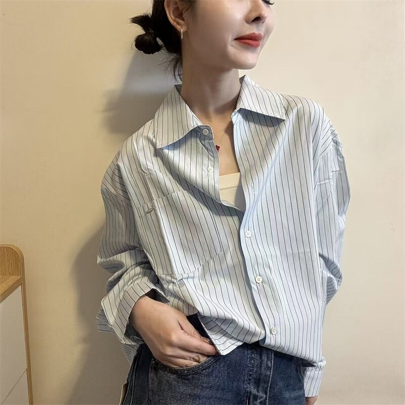 欧洲站2026春季新款欧货通勤风条纹宽松Polo领百搭休闲长袖衬衫女
