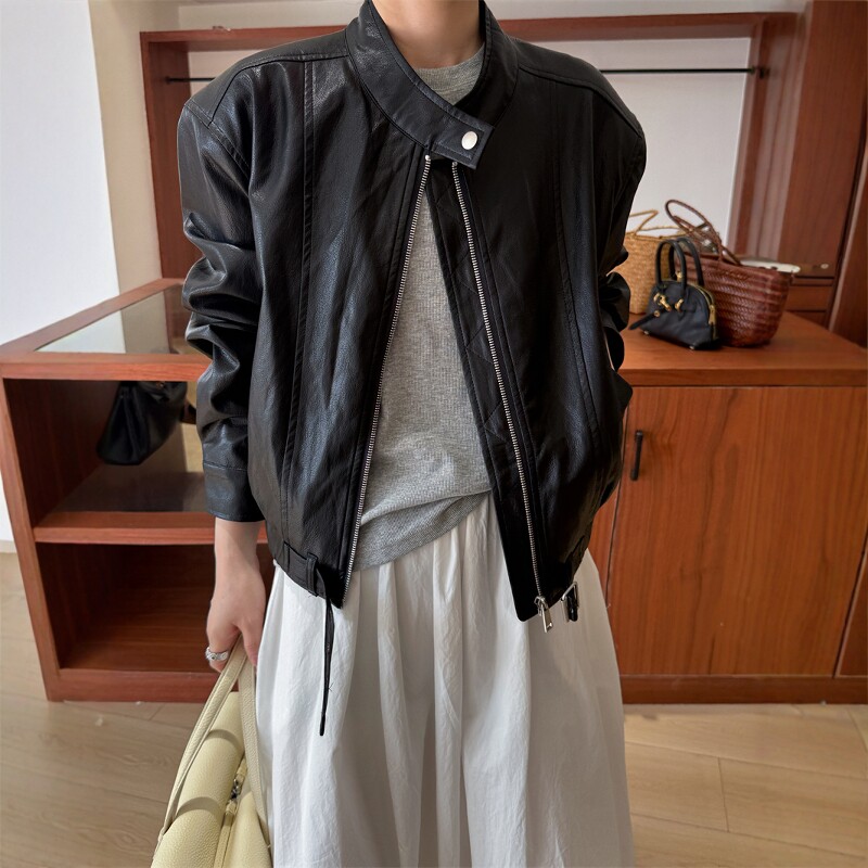 欧洲站2026春季新款欧货时尚帅气立领机车款进口pu皮皮衣短外套潮