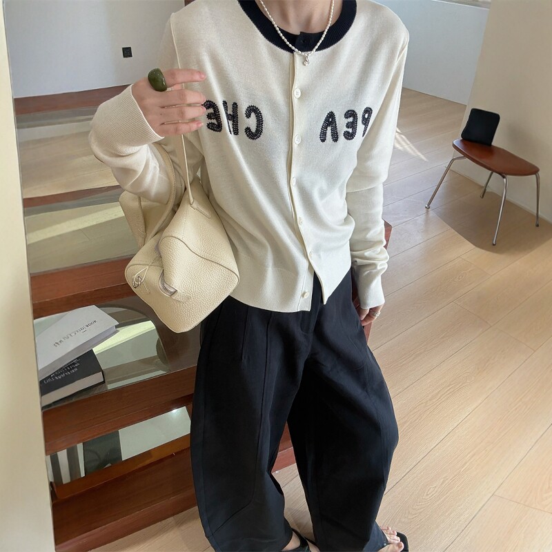 欧洲站2026春季新款时尚撞色圆领字母休闲显瘦细羊毛长袖针织开衫