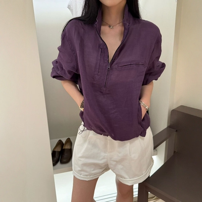 欧洲站2026春季新款欧货时尚立领半拉链宽松套头轻薄麻料外套女潮