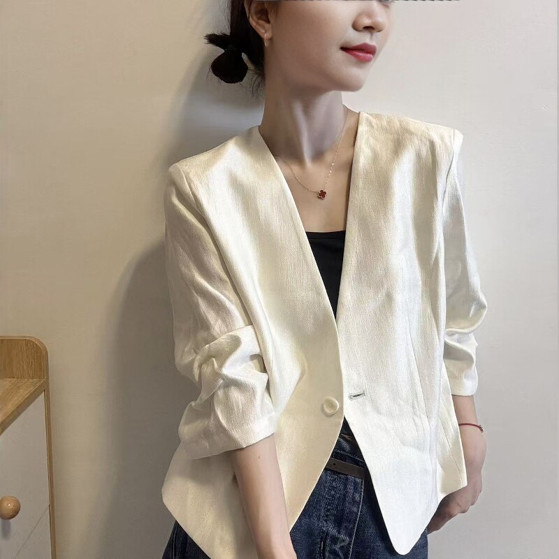 欧洲站2026夏季新款欧货高品质无领七分袖天丝亚麻小西装外套女薄