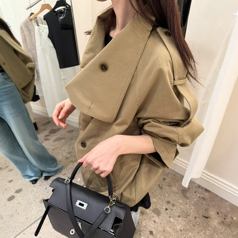 欧洲站2026早春欧货气质双排扣大翻领蝙蝠袖宽松短款风衣外套潮女