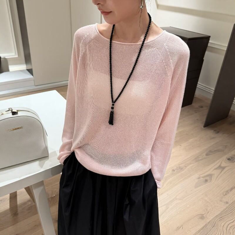 欧洲站2026春季新款欧货简约纯色宽松百搭长袖冰丝针织打底衫女