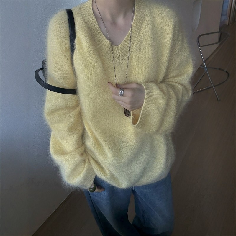 欧洲站2025冬欧货糖果色减龄V领宽松拉绒长毛软糯羊毛针织衫毛衣