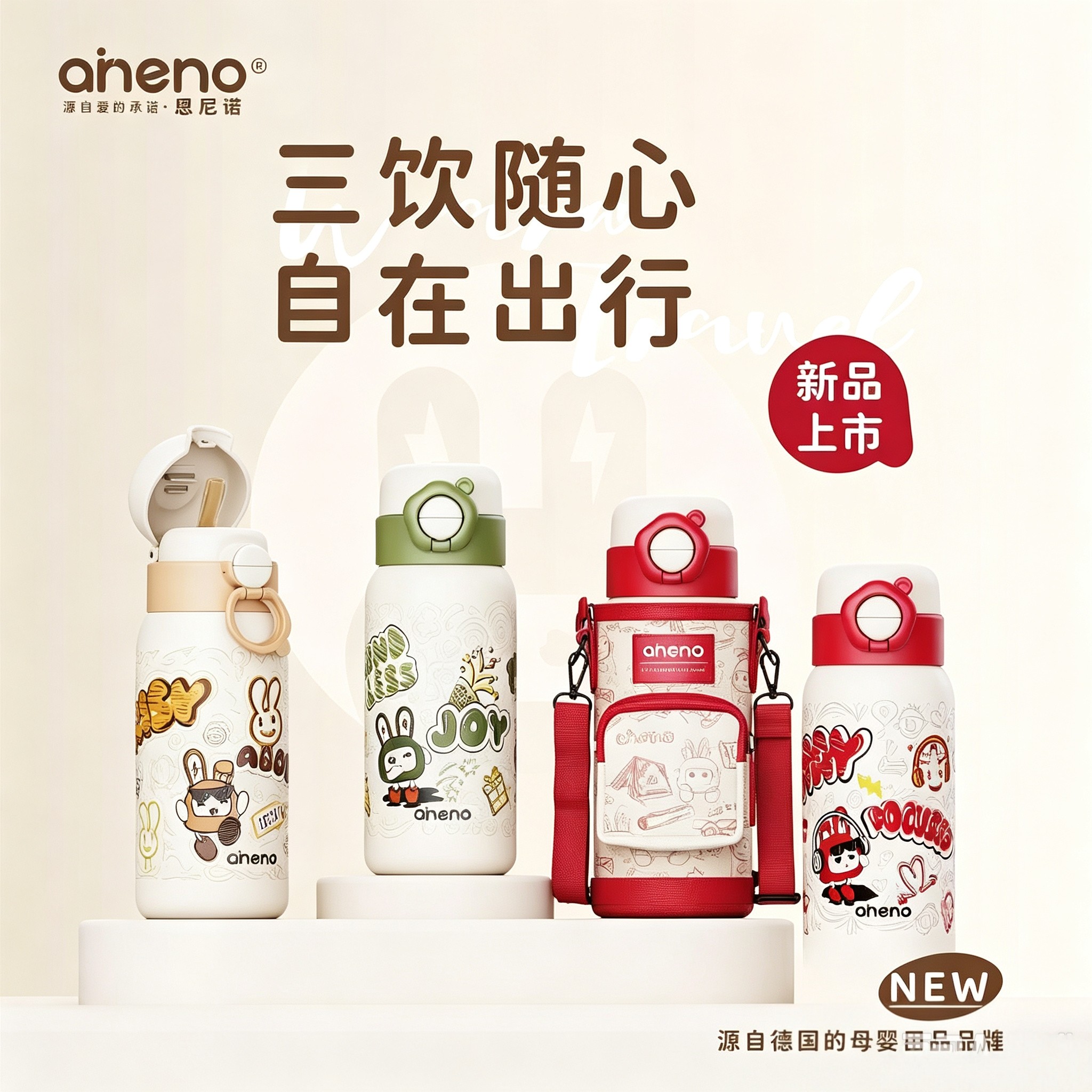 恩尼诺潮趣涂乐三用保温杯600ml带杯套宝宝儿童吸管直饮防摔三用