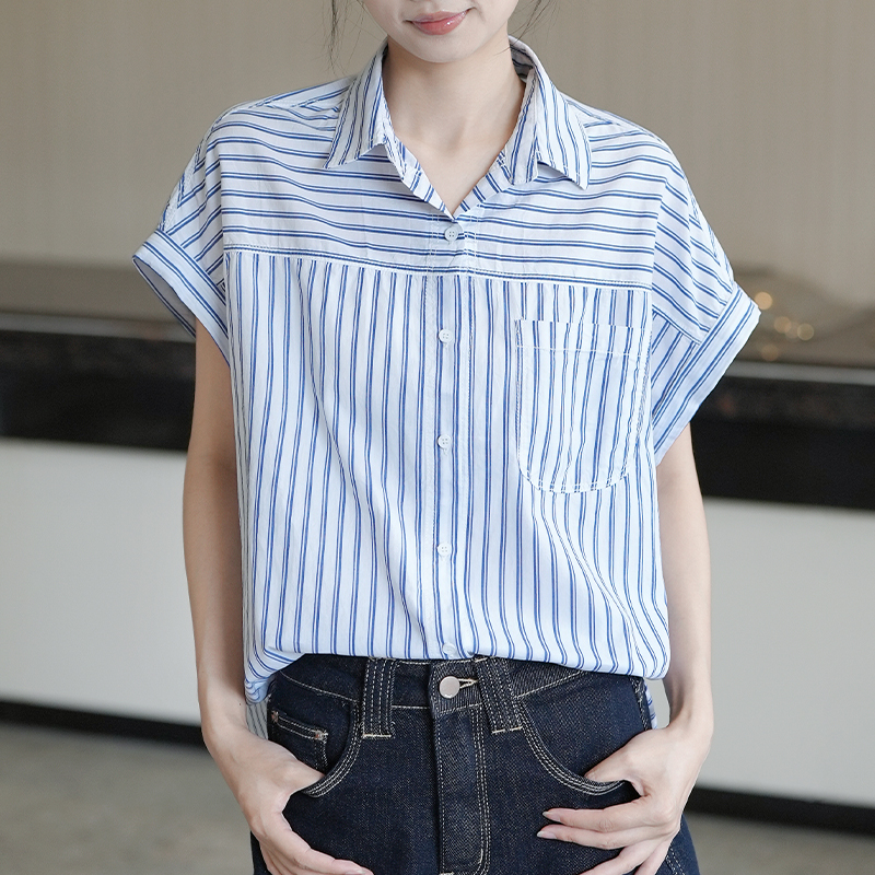 单口袋条纹短袖衬衫女2025夏季新款韩版宽松显瘦气质百搭衬衣上衣