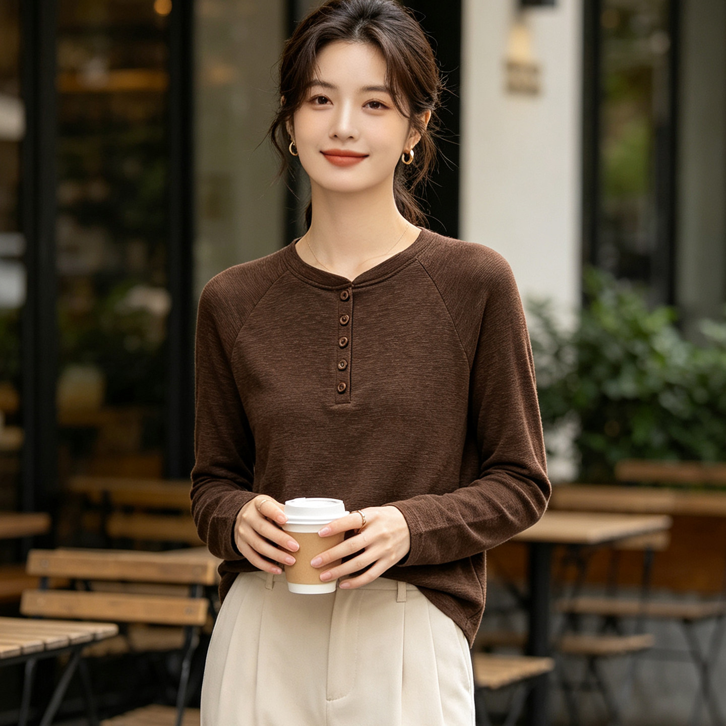 软糯半开领长袖上衣女2026新款简约纯色显瘦百搭时尚女士打底衫