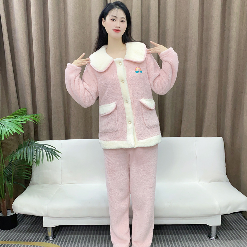 法兰绒睡衣女冬季新款加绒加厚时尚保暖可外穿家居服套装Y149