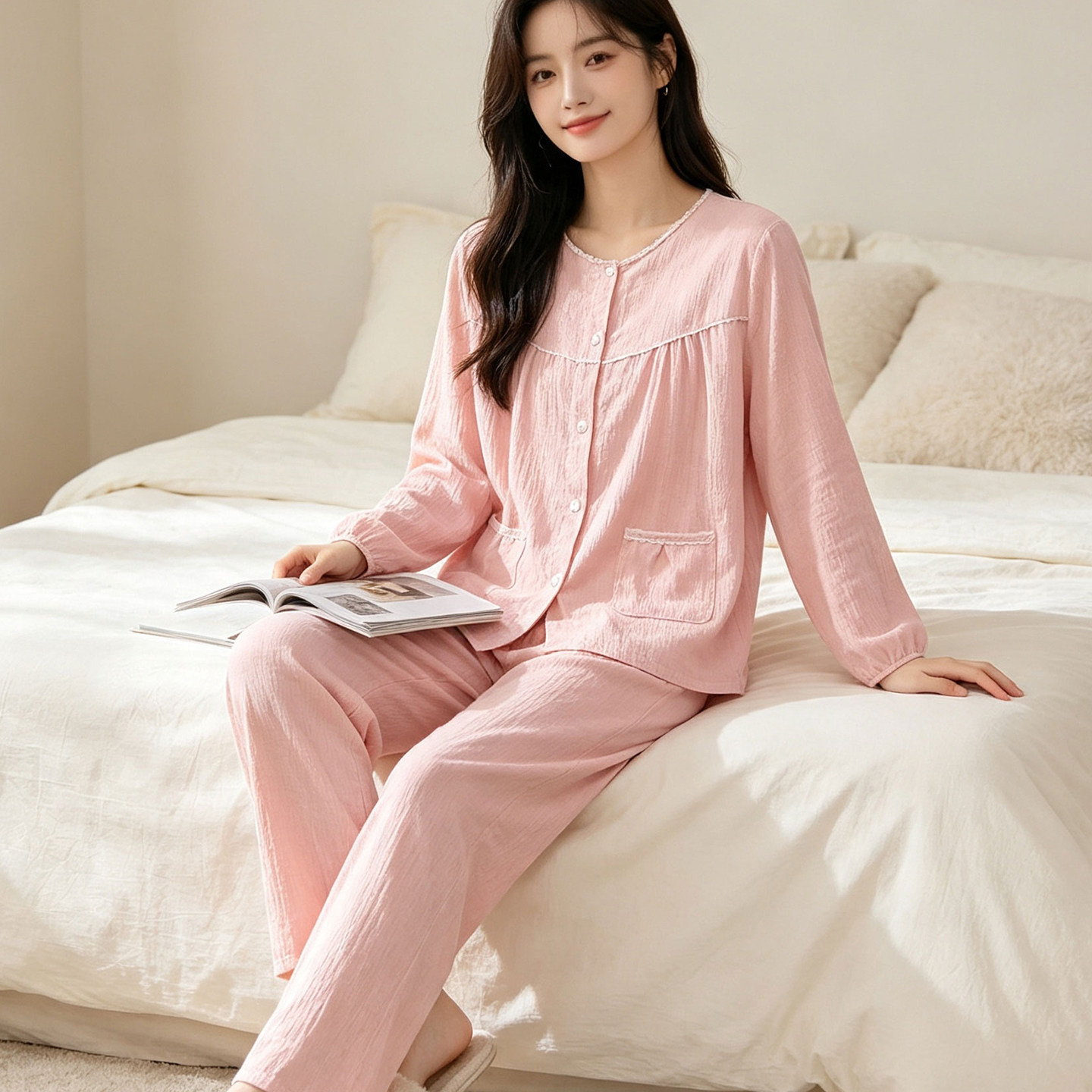 纯色云朵棉带胸垫睡衣女2026新款春秋长袖可外穿大码家居服套装薄