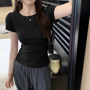 黑色t恤女短袖 圆领上衣 冰丝螺纹正肩体恤衫 ins潮显瘦百搭学生修身