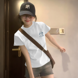 白色t恤女短袖 夏季 纯棉宽松百搭上衣韩版 学生卡通正肩印花体恤衫