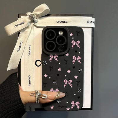 ins风黑色麂皮蝴蝶结全包手机壳