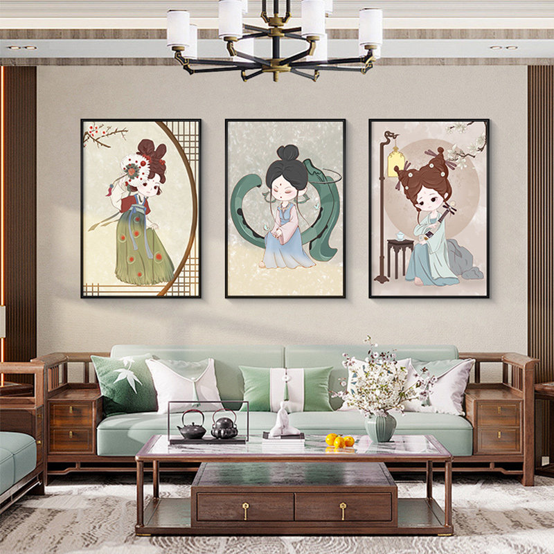 古典人物客厅装饰画新中式美女人物沙发背景墙壁画创意家居三联画