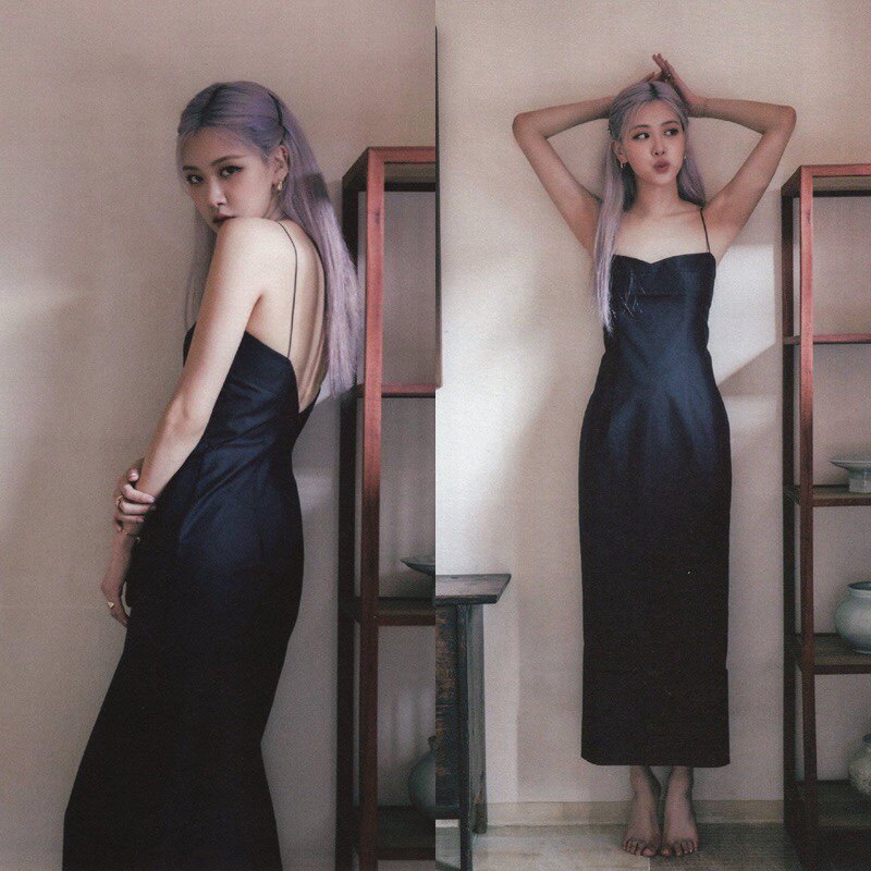 rose罗婕朴彩英同款blackpink黑色吊带连衣裙长款法式露背抹胸裙