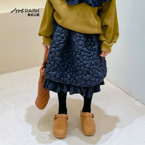 PARK童装女童花纹格半身裙秋冬款女宝宝复古简约套装儿童黑色腰裙