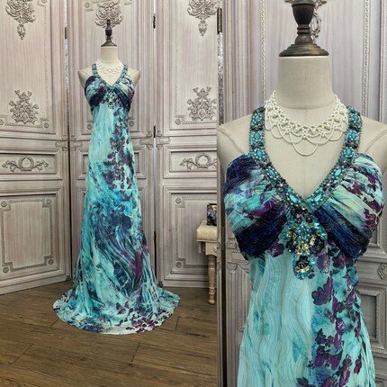 特大码16码蓝色雪纺印花挂脖长款晚礼服1215c