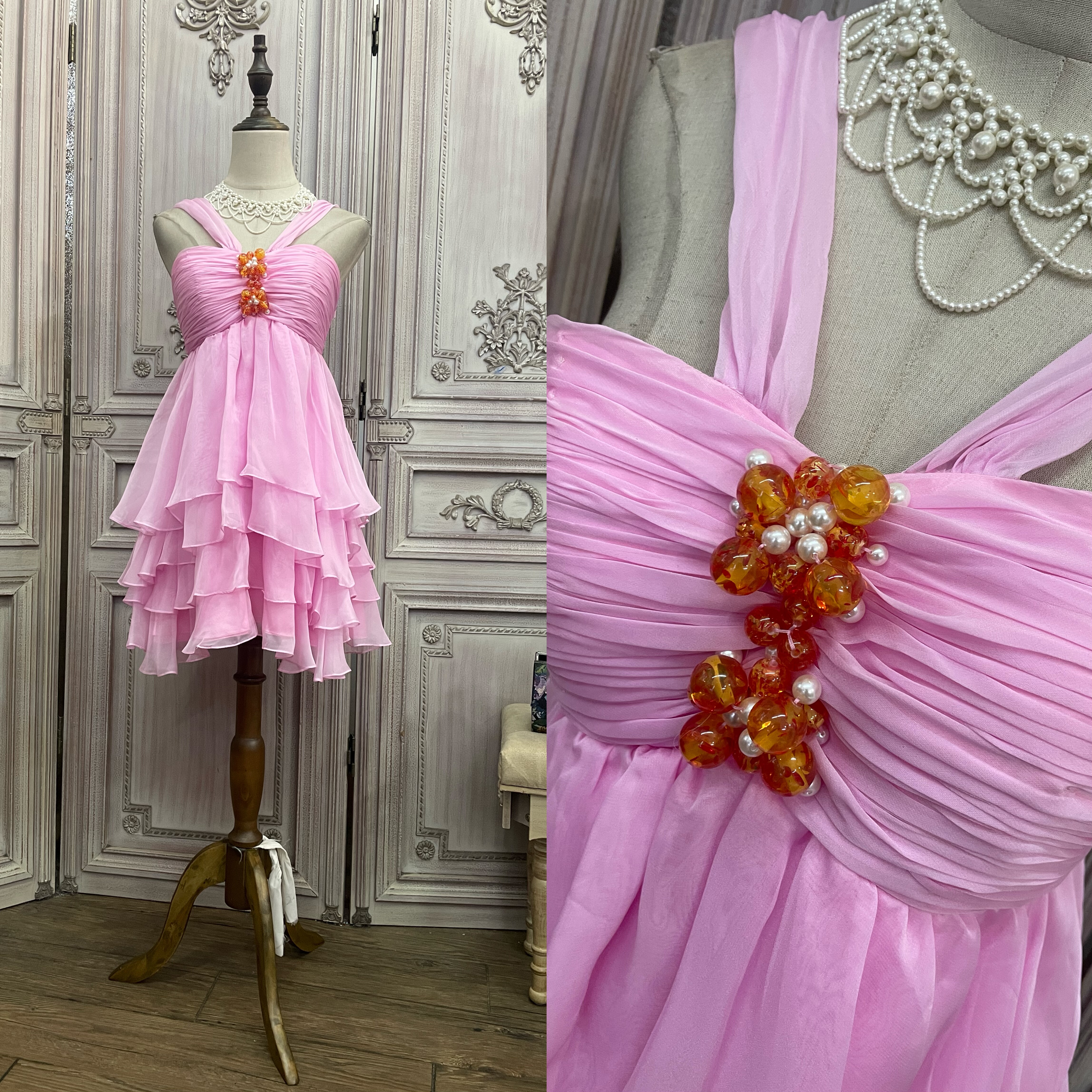 粉紫色雪纺双肩后绑带短裙礼服1209c