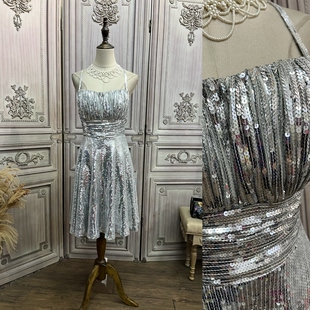 L XL 2XL 银色复古亮片礼服裙 派对生日裙blingbling