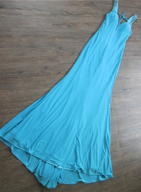 1010a蓝色珍珠露背外贸长款修身性感钉珠宴会晚礼服裙年会聚会