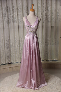 洛森D115粉藕色长款露背绸缎晚礼服裙优雅外贸原单钉珠蝴蝶V领