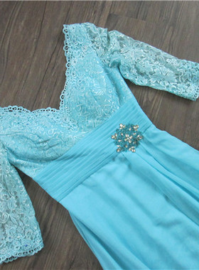 1010a蓝色短袖蕾丝外贸长款修身高端小清新宴会晚礼服裙年会聚会